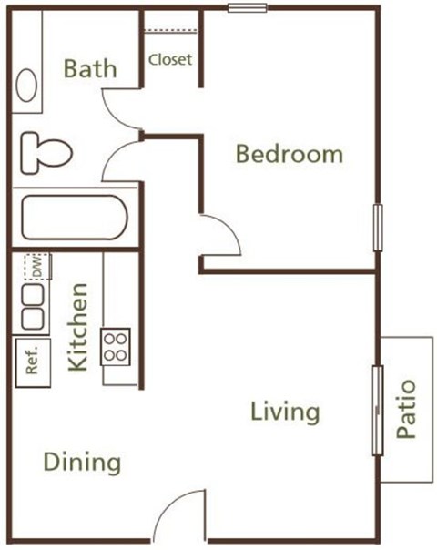 Floor plan for 1 bed, 1 bath, 672 sqft